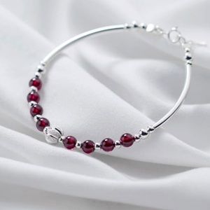 Solid sterling silver Simple Natural Red Garnet 925 Silver Bracelet E8-2332